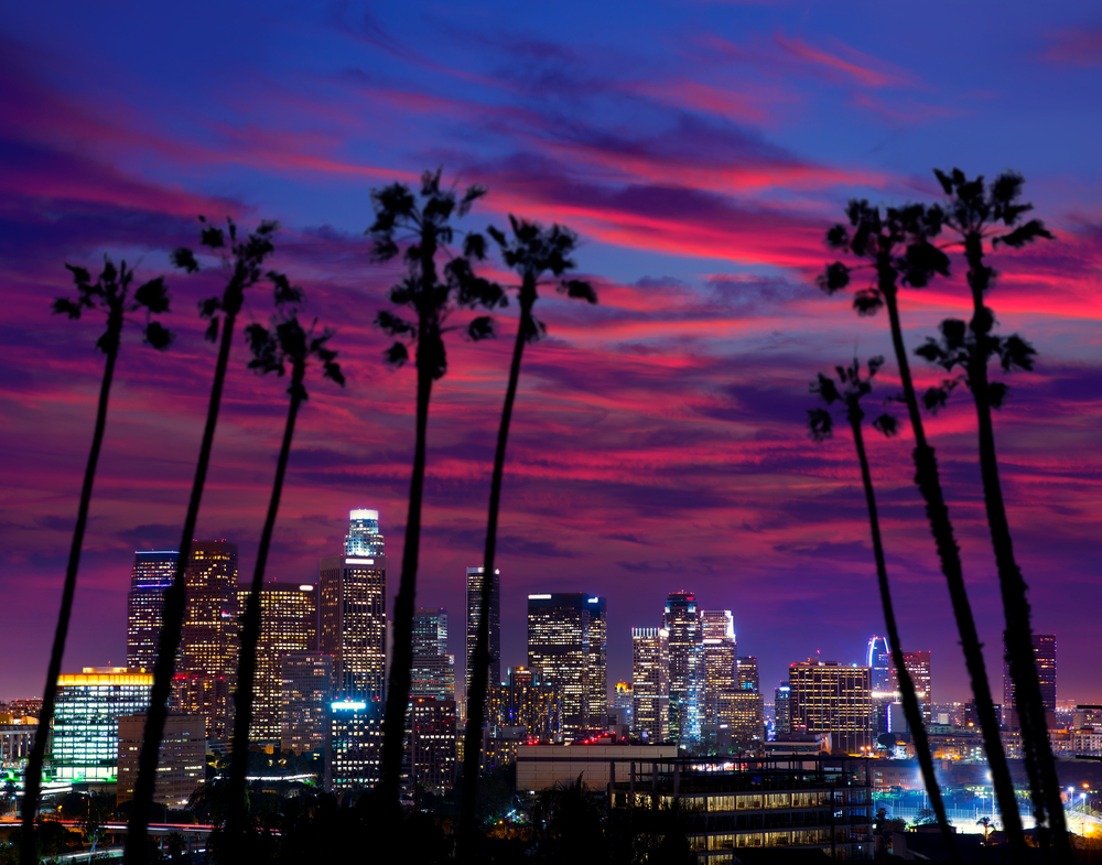 Downtown LA noc Los Angeles zachód słońca kolorowy panoramę Kalifornii [ilustracja fotograficzna]