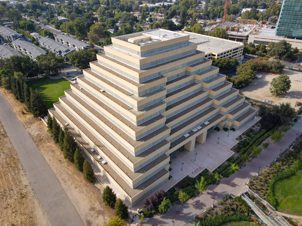 Pyramid building in downtown Sacramento California shot with a drone