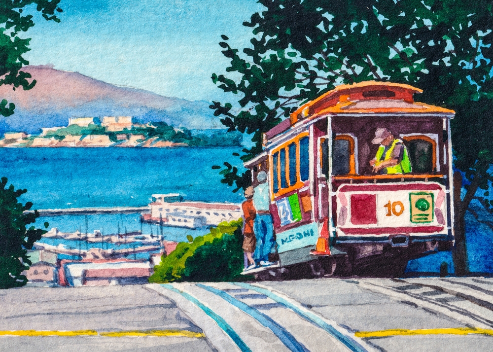 Rysunek przedstawiający tramwaj linowy, San Francisco, Cable Car